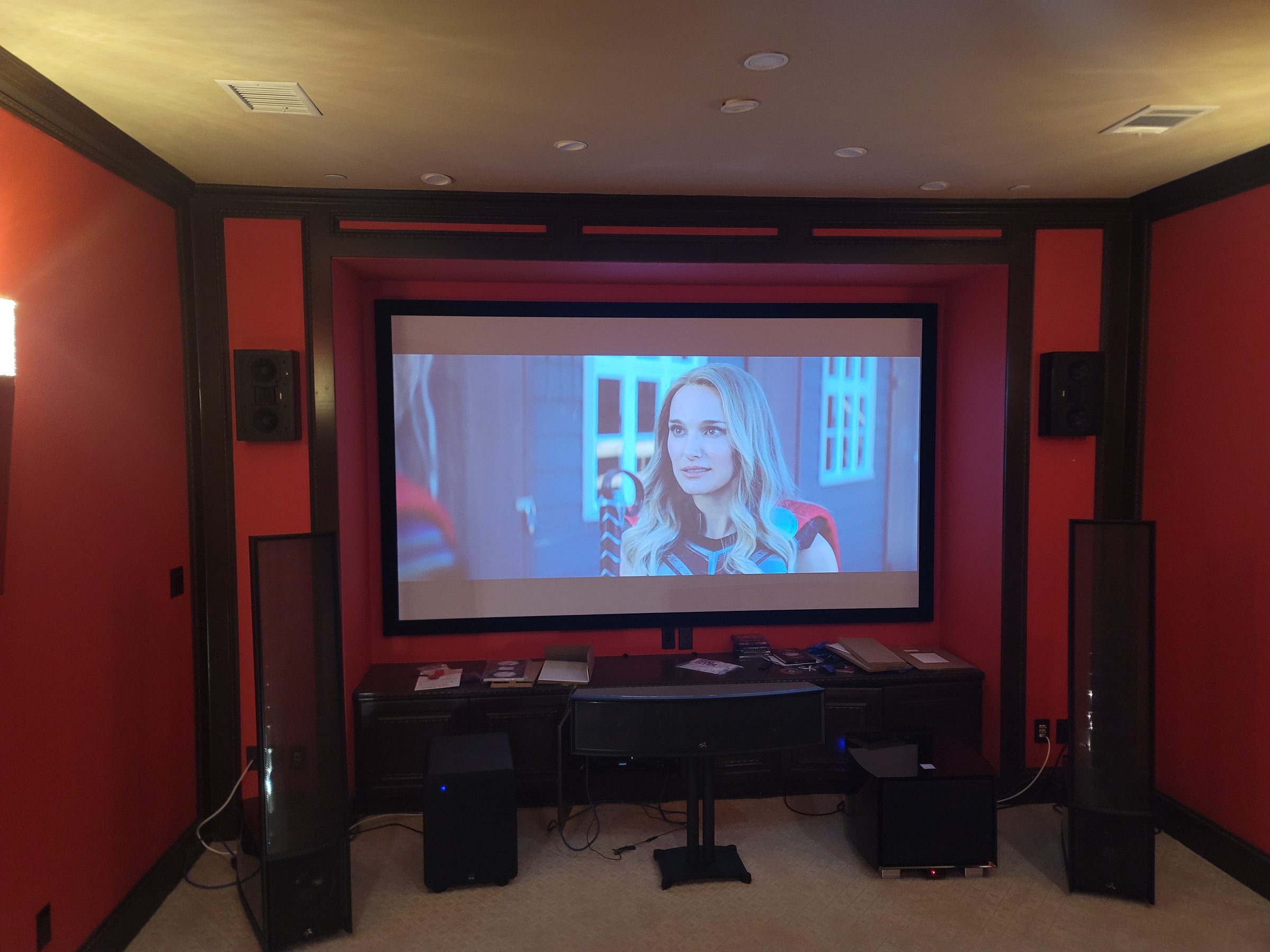 Two-channel listening room with high-performance floorstanding loudspeakers installed by Obsidian AV